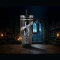 Fantasy book dragon and castle laser engraved on a black 40oz tumbler, front view