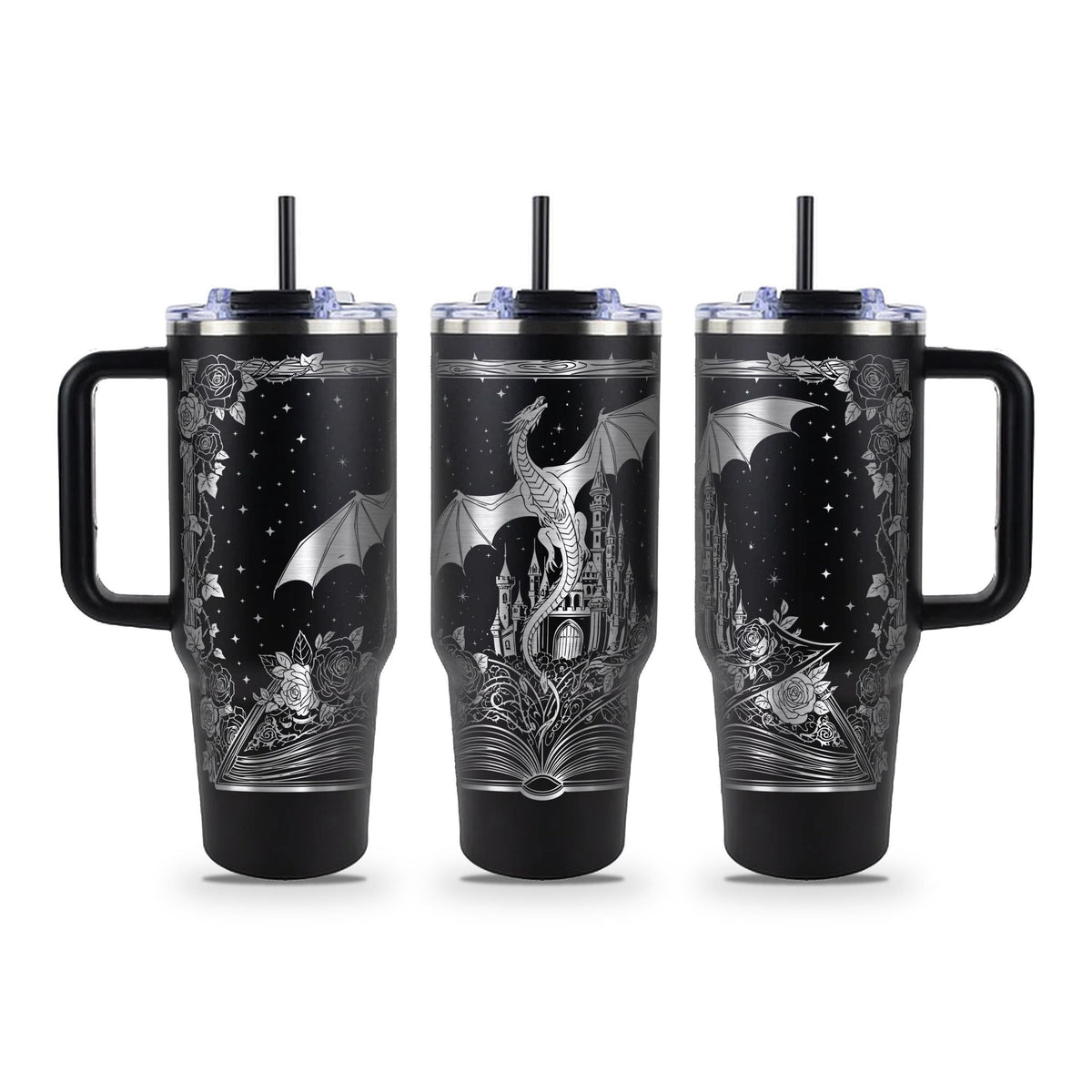 Fantasy book dragon tumbler shown left, front and right: dragon, castle, open book and rose frame