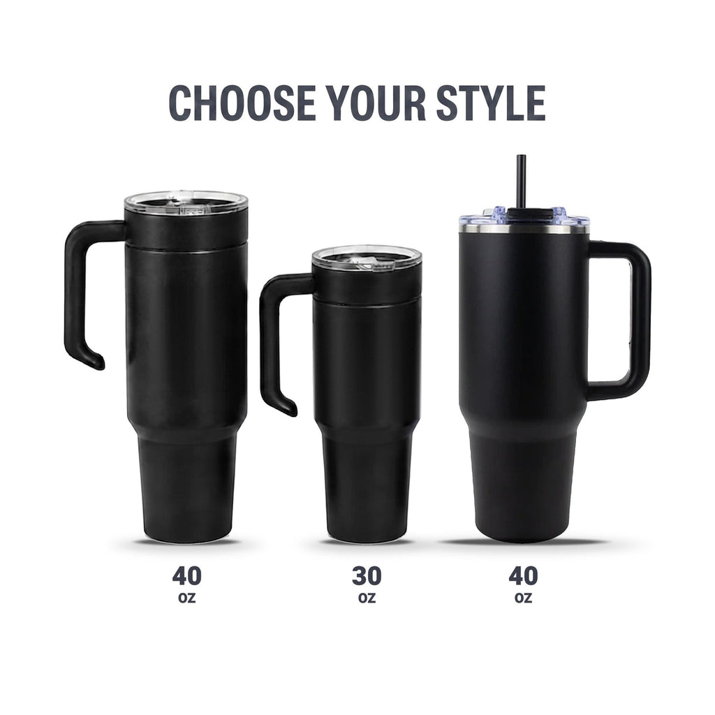 Size options: 40oz side handle, 30oz side handle and 40oz D-handle black tumblers