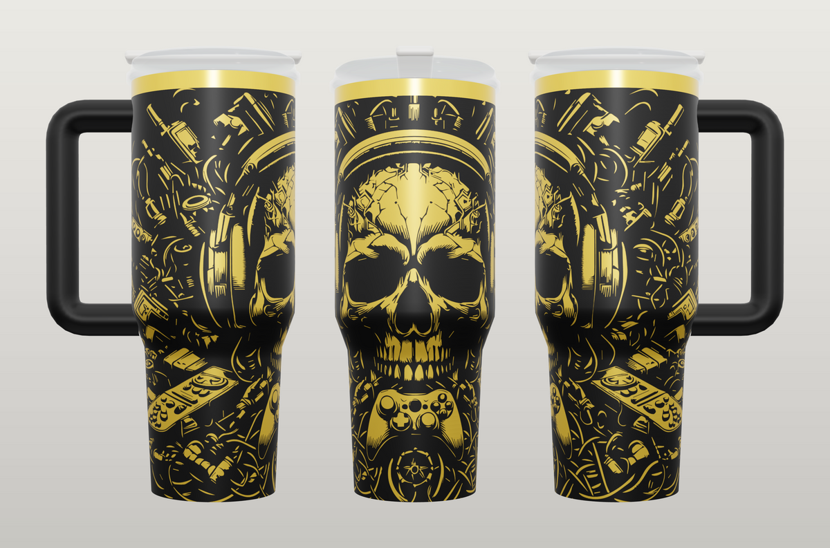 Gamer Skull 40oz side handle tumbler, gold engraving on black