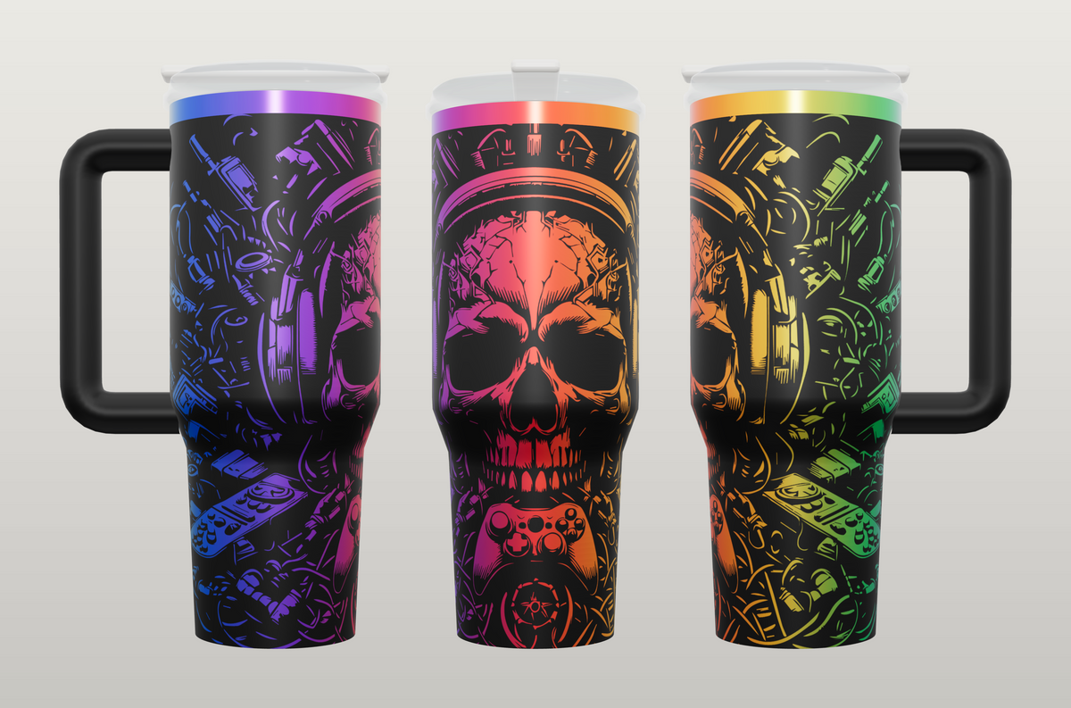 Gamer Skull 40oz side handle tumbler, rainbow engraving on black