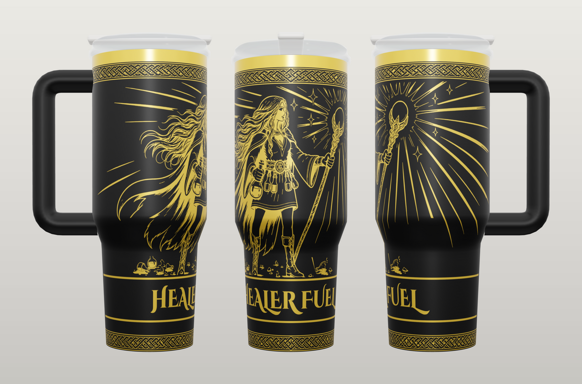 Healer Fuel 40oz side handle tumbler, gold engraving on black