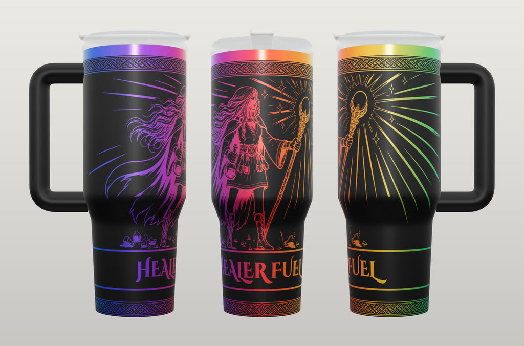 Healer Fuel 40oz side handle tumbler, rainbow engraving on black
