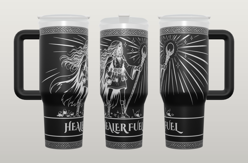 Healer Fuel tumbler mockup with potion vial healer and Healer Fuel text between knotwork borders