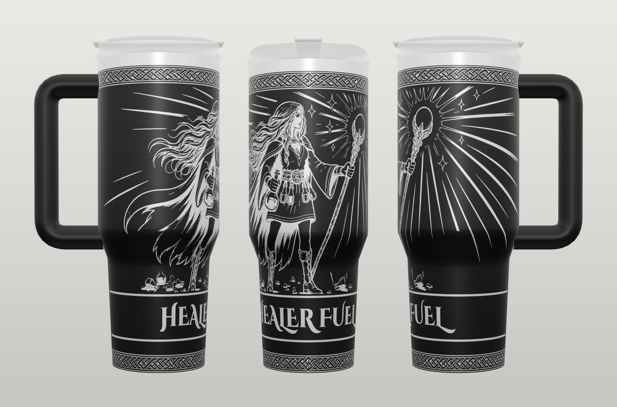Healer Fuel tumbler mockup with potion vial healer and Healer Fuel text between knotwork borders