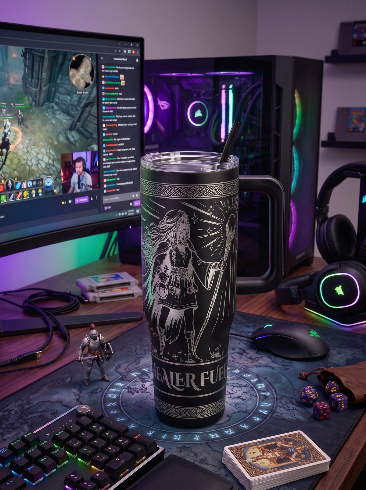 Healer Fuel engraved black tumbler showing a cloaked healer raising a glowing staff into holy light
