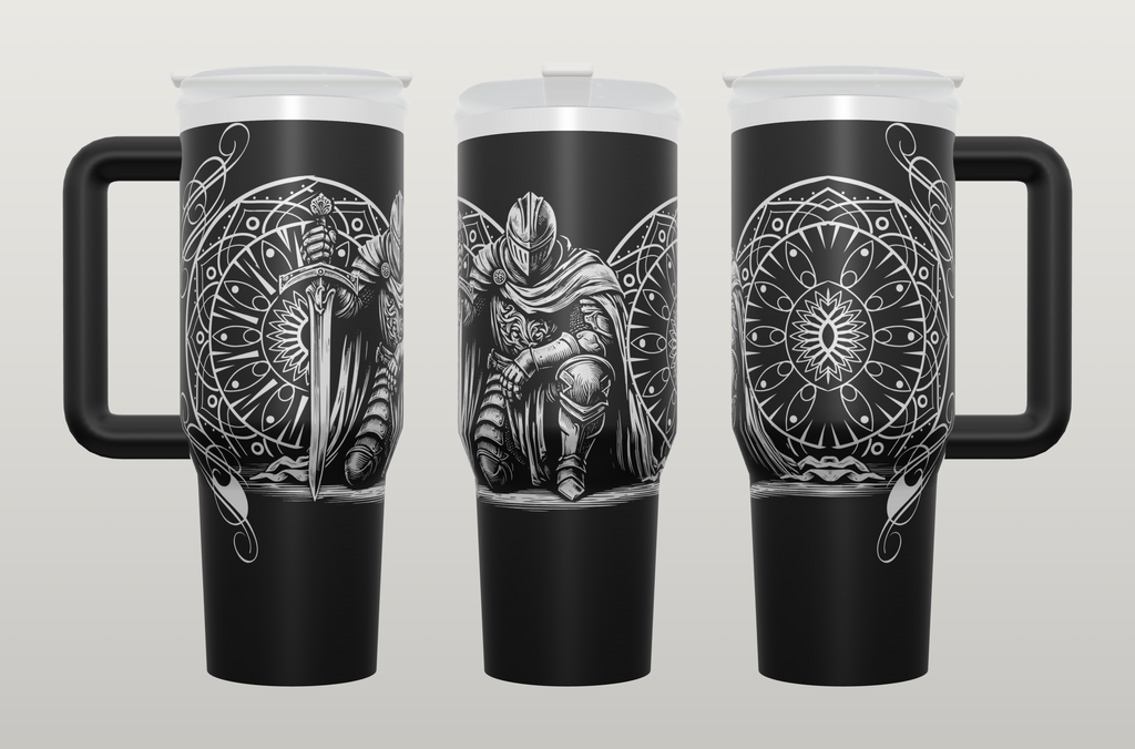Black 40oz engraved knight tumbler with handle shown from three angles, kneeling knight with sword between mandala shields