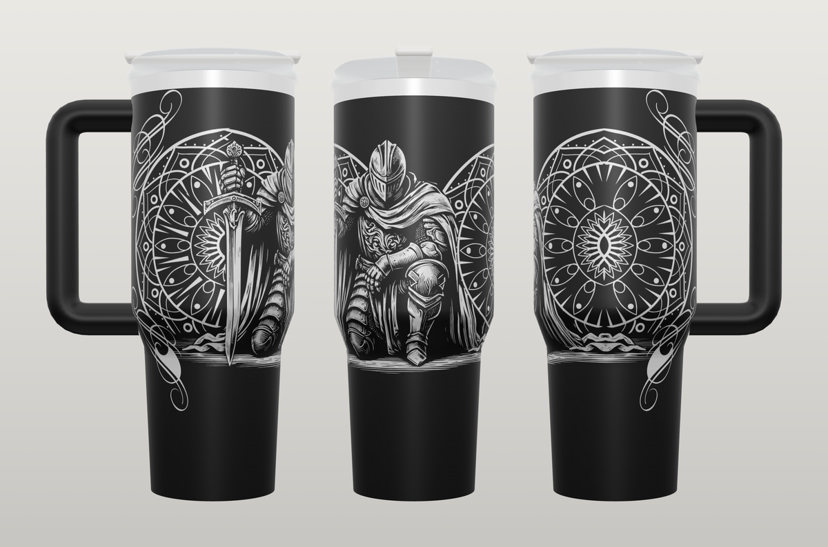 Black 40oz engraved knight tumbler with handle shown from three angles, kneeling knight with sword between mandala shields
