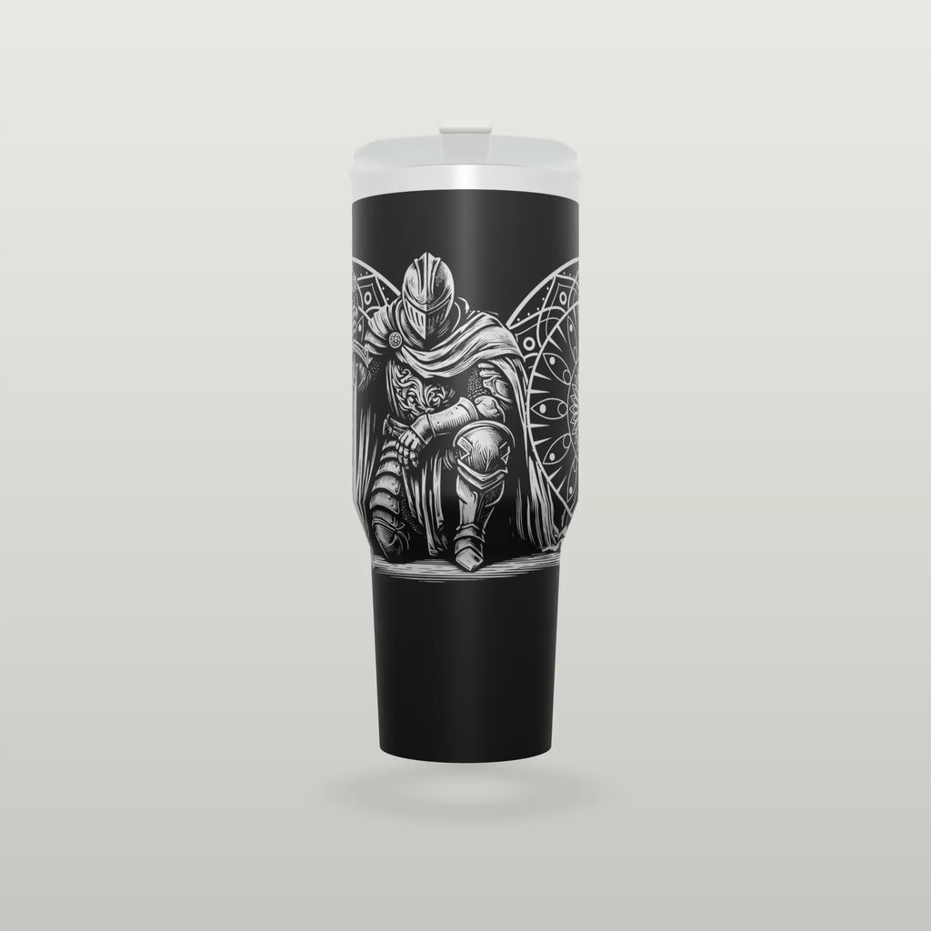 Black engraved knight tumbler spinning to show the full wrap design