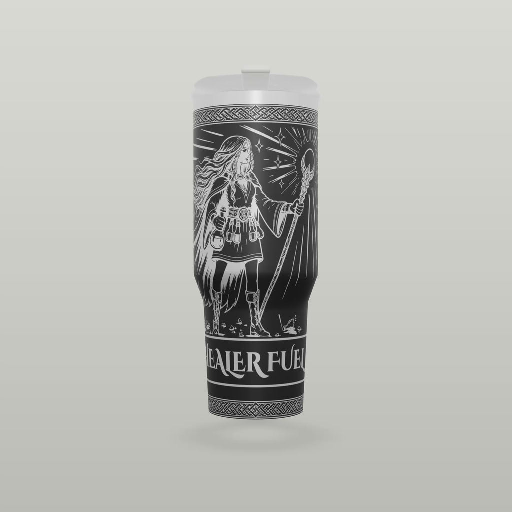 Spinning view of the Healer Fuel engraved tumbler wrap all the way around